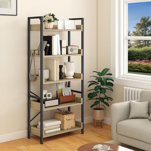 YITAHOME Bookcase 5-Tier, Tall Narrow Bookcase Thin Book Shelf Wooden Shelves Wooden Shelf With Stable Steel Frame, Industrial Storage Unit With 4 Hooks for Living Room, Home Office - Oak Color
