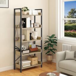 YITAHOME Bookcase 5-Tier, Tall Narrow Bookcase Thin Book Shelf Wooden Shelves Wooden Shelf With Stable Steel Frame, Industrial Storage Unit With 4 Hooks for Living Room, Home Office - Oak Color