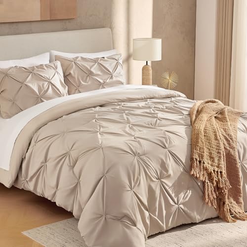 "Andency King Pinch Pleat Wheat Comforter Set 3 Piece Bedding - Lightweight Comforter with 2 Pillow Shams,104""x90"", Pintuck Fluffy, All Season Use, Boho Cute Style for Bedroom"