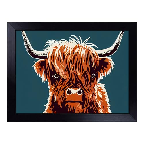 Lap Tray with Bean Bag Cushion, Groovy Highland Cow - Handmade in the UK, Raised Wooden Edge, Padded Cushion, Heat-Resistant Wipe-Clean Surface, for Meals, Laptops and Crafts