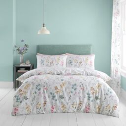 Catherine Lansfield Emilia Floral Reversible Double Duvet Cover Set with Pillowcases White Green