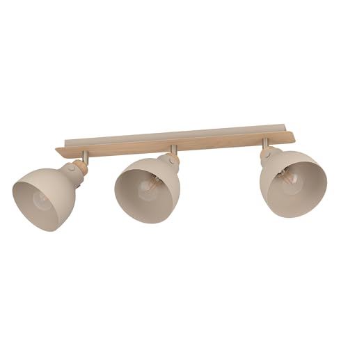Eglo Ceiling Light Fixture Arrecife, 3-Flame Swivel Spots Ceiling lamp - sand-coloured metal and natural oak wood, spotlight bar, living room lighting, E27 socket