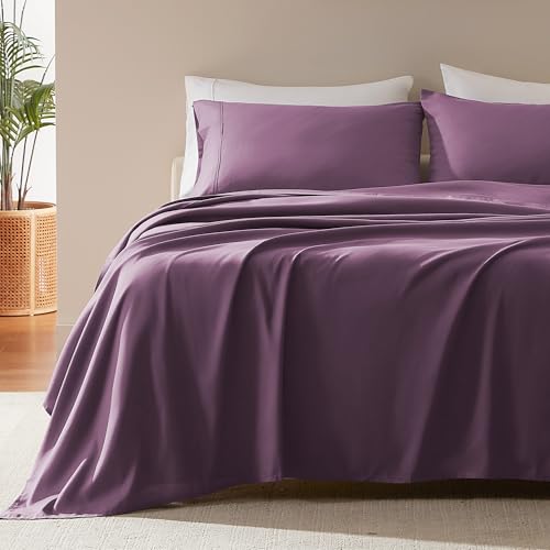 "SLEEP ZONE Nanotex Super Soft Cooling King Bed Sheets Set 4 Piece - Easy Care Fitted Flat Sheet & Pillowcase Sets - Wrinkle Free, Fade Resistant, Deep Pocket 16"" (Purple, King)"