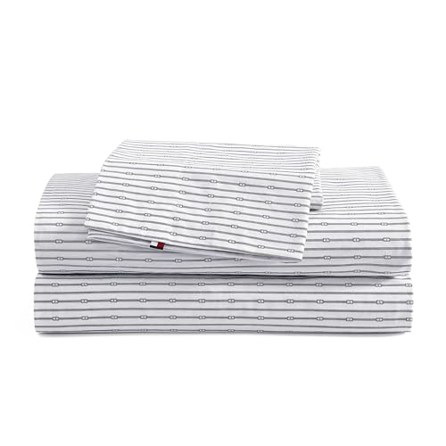 Tommy Hilfiger - Sheet Set, Cotton Percale Bedding with Matching Pillowcases, Crisp & Cool, Premium Quality Home Essentials (Monogram Stripe Navy, Full)
