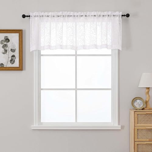 OVZME White Sheer Valances for Windows 18 Inch Length 2 Panels Set, Light Filtering Soft Fabric Leaf Clip Jacquard Textured Curtains for Bedroom Bathroom Basement Small Windows, 2x42Wx18L Inches