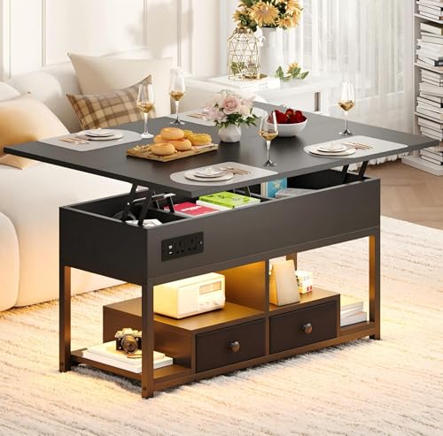 IRONCK Lift Top Coffee Table, Living Room Table with LED Lights, USB and Type-C Ports, Wooden Tea Table with Hidden Storage and 2 Drawers, Convertible Centre Table, 100×80cm, Black