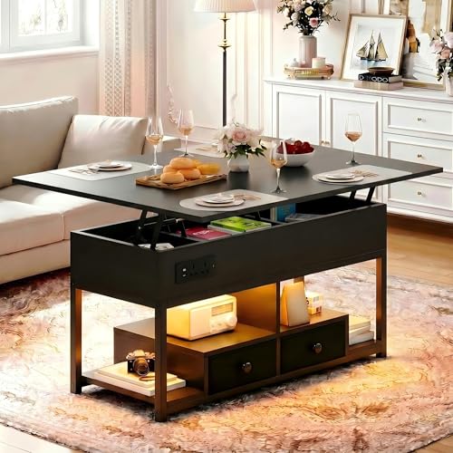 IRONCK Lift Top Coffee Table, Living Room Table with LED Lights, USB and Type-C Ports, Wooden Tea Table with Hidden Storage and 2 Drawers, Convertible Centre Table, 100×80cm, Black
