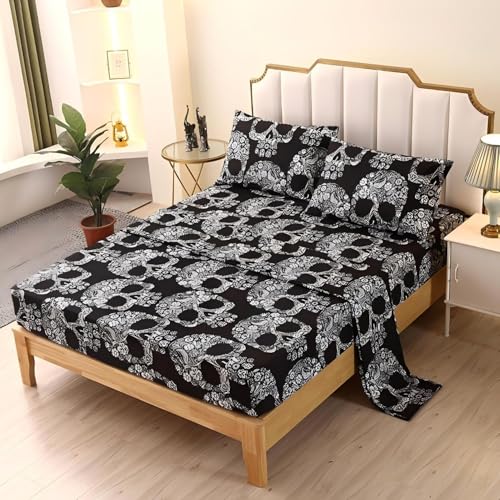 SDIII 4PCS Sugar Skull Sheets Set Full, Soft Microfiber Gothic Bedding Skeleton Sheet Set, Goth Skull Bedding Sheets Full Deep Pocket Hotel Luxury