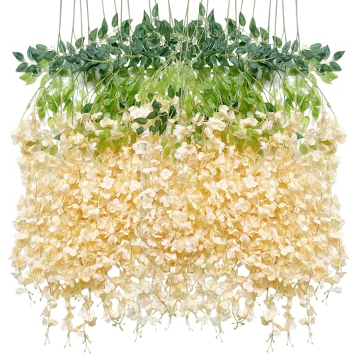 WONICE Artificial Wisteria Hanging Flowers-Fake Wisteria Flower Garland Silk Vines Rattan Decor for Home Wedding Arch Wall Garden Greenery Bedroom Outdoor Office Party Decoration (12, Champagne)
