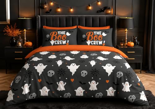 GC GAVENO CAVAILIA Ghost Halloween Double Duvet Cover Set With Pillow Cover - Breathable, Lightweight Polyester Spooky Duvet Cover Set - Pumpkin Halloween Bedding Reversible Quilt Cover Double, 200x200cm