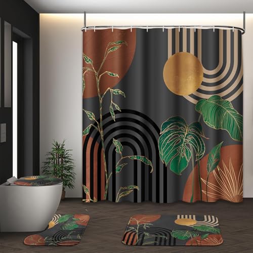 Tayney Brown Boho Mid Century Shower Curtain Set with Toilet Lid Cover and Non-Slip Rugs, Abstract Retro Grey Background 4 Pcs Modern Minimalist Aesthetic Shower Curtain for Bathroom Set with 12 Hooks