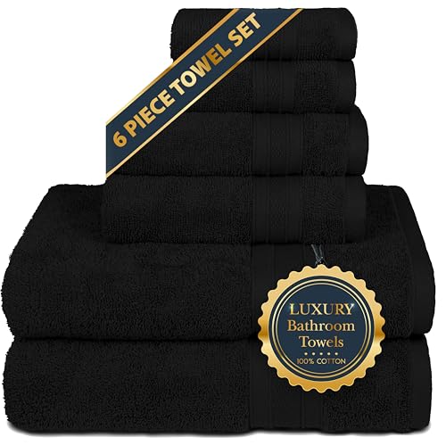 Trident Towels -100% Cotton, 6 Piece Set - 2 Bath Towels, 2 Hand Towels, 2 Washcloths, 500 GSM, Highly Absorbent, Super Soft, Towels For Bathroom, Shower - Soft & Plush, Black (Set of 6)