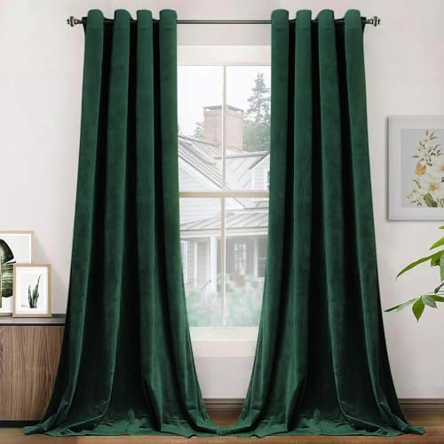 "SMILETIME Emerald Green Velvet Curtains 52""x108"" Grommet 2 Panels - OEKO-TEX rust-proof grommets light filtering heat insulated noise reducing, living room bedroom study, machine washable"