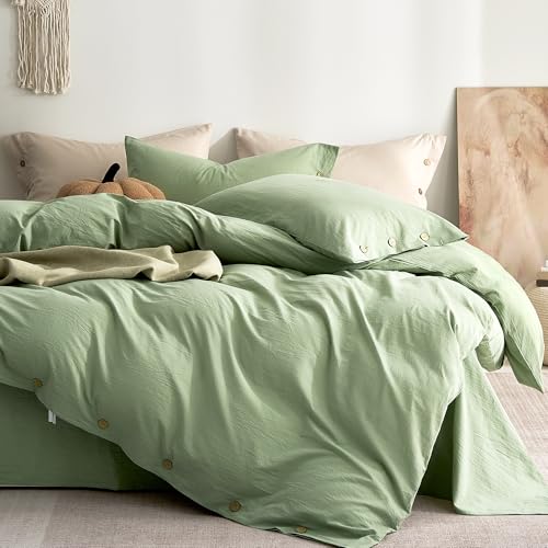 "JELLYMONI 100% Washed Cotton Duvet Cover Twin ??? Soft, Breathable Linen-Look Bedding with Natural Wrinkle Texture, Button Closure, 2-Piece Set (Mint Green, 68""x90"")"