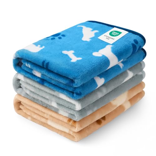 Luciphia 1 Pack 3 Dog Printed Fleece Pet Blankets Washable???Soft Warm Throw Covers for Crate Couch Bed???Cozy Puppy Essentials for Dogs and Cats??? Blue/Grey/Khaki, Medium (30x20)