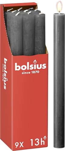 Bolsius Rustic Dinner Candles - Anthracite - Pack of 9 - Long Burning Time of 13 Hours - Household Candle - Interior Decoration - Unscented - Includes Natural Vegan Wax - 27 x 2.3 cm