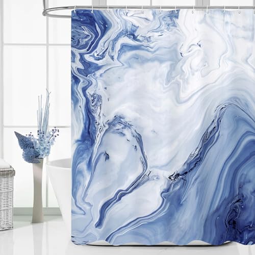 MitoVilla Navy Blue Marble Extra Long Shower Curtain Set 72 x 84, Modern Ombre 84 inch XL Shower Curtains for Chic Bathroom Decor, Abstract Watercolor Fabric Shower Curtain