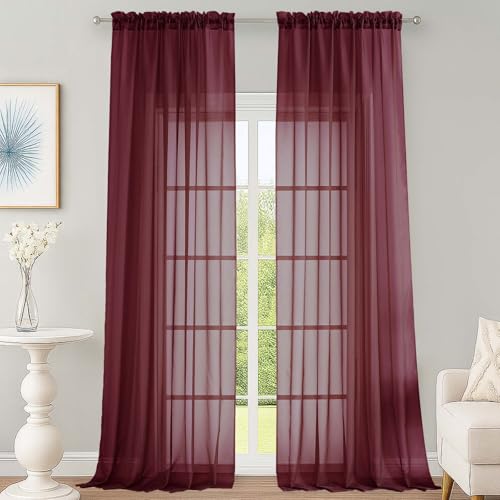 "OWENIE Burgundy Sheer Curtains 108 Inches Long for Living Room Bedroom 2 Panels Set, Lightweight Airy Burgundy Sheer Curtain, Filmy Rod Pocket, 2 PCS, Each 59"" W x 108"" L"