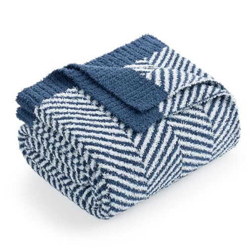 Snuggle Sac Herringbone Throw Blanket for Couch, Reversible Super Soft Warm Blankets Cozy Knit Fuzzy Plush Lightweight Throws for Sofa, Bed, Camping, Navy, 50x60 inches