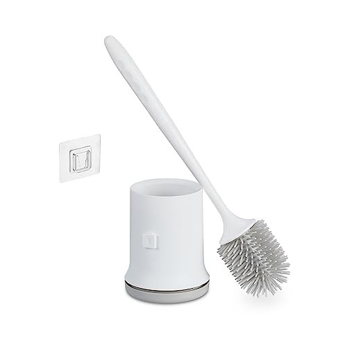 Relaxdays Toilet Brush with Wall Holder, Quick-Drying, WC Cleaner, Bathroom Container, No Drilling, Plastic, White/Grey, 41 x 11 x 11 cm