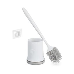 Relaxdays Toilet Brush with Wall Holder, Quick-Drying, WC Cleaner, Bathroom Container, No Drilling, Plastic, White/Grey, 41 x 11 x 11 cm
