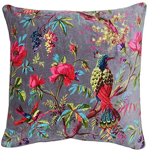 "Riva Paoletti Paradise Square Feather Filled Cushion Purple-Colourful Bird Print-Faux Velvet Fabric-Machine Washable-100 Case (20"" x 20"" inches) -Designed in The UK, Cotton, Mink, 50 x 50cm"