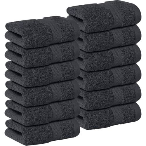 Dan River 12-Pack Premium 100% Cotton Dark Gray Face Towels for Bathroom - Reusable Face Wash Cloths for Showering 12x12 Inches - 550 GSM Super Soft & Absorbent Luxury WashCloths for Body, Spa & Gym