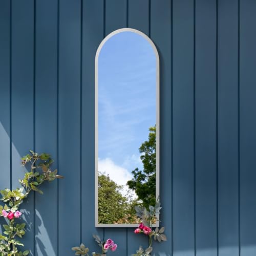 MirrorOutlet Arched Modern White Large Arched Metal Modern Garden Wall Mirror: 120 x 40cm - Suitable for Bedroom, Living Room, Dressing Room, and Living spaces.