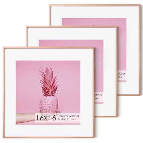 16x16 Metal Picture Frame with 12x12 Mat, Brushed Aluminum Finish, Tempered Glass Front, and Attached Hanging Hardware - Versatile Wall Display Frames for Vertical or Horizontal Orientation(Gold, Pack