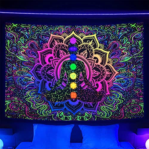 Blacklight Seven Chakra Tapestry UV Reactive Bohemian Mandala Spiritual Tapestry Boho Yoga Meditation Black Light Tapestry Wall Hanging for Yoga Room Boho Bedroom Living Room Dorm 60 X 40 Inch