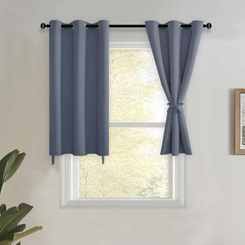 JIUZHEN Dusty Blue Blackout Curtains with Tiebacks,Thermal Insulated, Light Blocking and Noise Reducing Grommet Curtains for Bedroom and Living Room,Set of 2 Window Curtain Panels, 34 x 24 Inch Length
