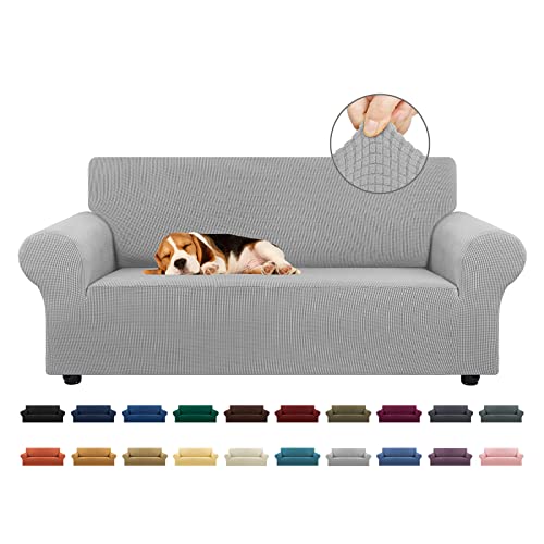 "KEKUOU Stretch Loveseat Sofa Cover Slipcover,Couch Covers for 2 Cushion Couch Sofa (55""-79"") Furniture Protector Sofa with Elastic Bottom for Kids,Dog. Jacquard Small Checked (Medium,Silver)"