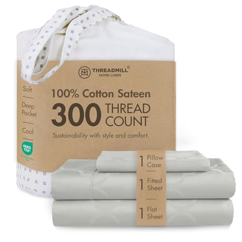 "Threadmill 300TC Cotton Twin Sheet Set, Sateen, Damask, Light Grey, 3-Piece - 100% Cotton, Sateen Weave, Damask Pattern, 3-Piece Set, 16"" Deep Pocket, Cooling, OEKO-TEX Certified, Machine Washable"