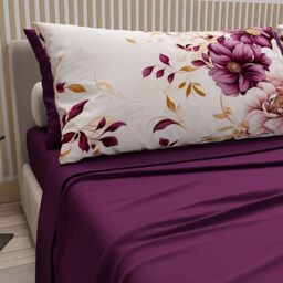 PETTI Artigiani Italiani - Cotton Sheets with Pillowcases in Digital Print, French Queen, Complete Top and Bottom Sheet with Corners, Dalian Plum, 100% Made in Italy
