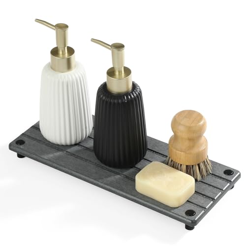 "Razborci Instant Dry Sink Caddy Kitchen Sink Organizer, Quick Drying Stone Tray Diatomite Sponge Holder Soap Dish, Bathroom Countertop Fast Dry Water Absorbing Vanity Rack, Dark Gray,12"" x 5"""