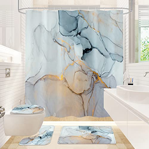 Gibelle 4 Pcs Abstract Marble Shower Curtain Sets with Non-Slip Rugs, Toilet Lid Cover and Bath Mat, Blue and Grey Modern Bathroom Decor Set with Shower Curtain and Rugs and Accessories