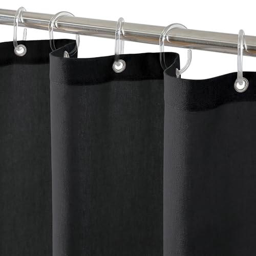 "QIYI Linen Shower Curtain for Bathroom, Waterproof & Heavy Duty Fabric Shower Curtain Set with 12 Clear Hooks, Neutral Boho Farmhouse Decorative Cloth Bath Curtain Liner, 72""x72"", Black"
