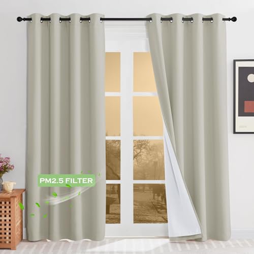 KGORGE Anti-Dust Soundproof 100% Blackout Curtains 100% Blackout 4 Layers - Anti-Dust, Heavy Duty Energy Efficiency Drapes for Living Room Baby Bedroom Home Office Studio, W52 x L95, Nature, 2 Panels