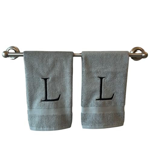 Gray with Black Monogrammed Hand Towels for Bathroom - Set of 2 Letter L - Luxury Hotel Quality Initial Towels For Powder Room, Spa, GOTS Organic Certified