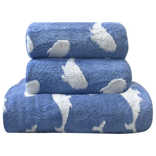 Lacomfy Blue Bath Towel Set 3 Pack Coral Velvet Hand Towels Cartoon Pattern Bath Towels Set for Bathroom Highly Absorbent & Soft Towel for Shower (Blue Whale)