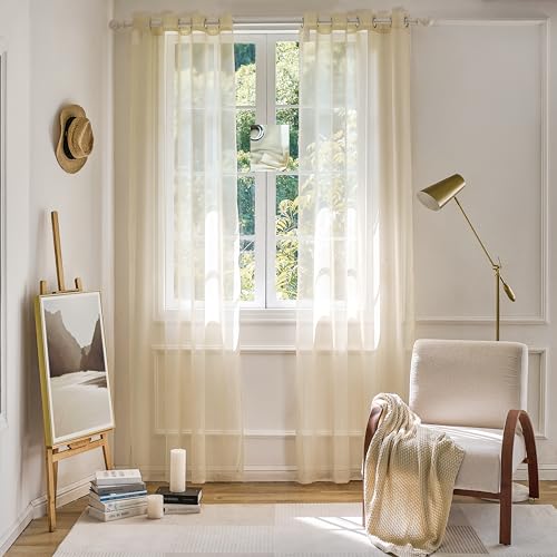MISSTIAM Foil Stripe Beige Sheer Curtains 84 inches Length 2 Panels with Grommets 52 inches Widith, Semi Transparant Curtains for Living Room and Multiple Rooms, Light Filtering Window Treatment