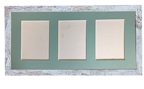 FRAMES BY POST H7 Picture Photo Frame, Distressed White Blue Mount, 21 x 10 3 Images Size 7 x 5 Inch