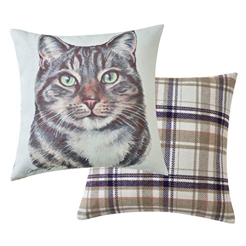 Maturi Filled Seat Cushion with Tabby Cat Watercolour Image, Chair Sofa Pillow - 43 x 43cm / 17 x 17-inch