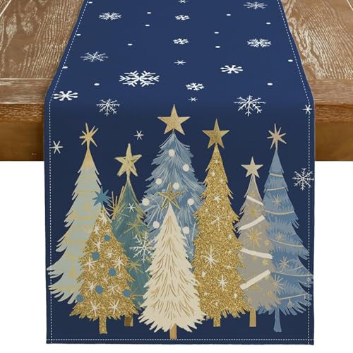 GEEORY Christmas Table Runner 13x72 Inch, Xmas Trees Snowflakes Holiday Decorative Farmhouse Table Decoration for Kitchen Dinning, Indoor Outdoor Dinner Party Decor (Blue) GT151-72