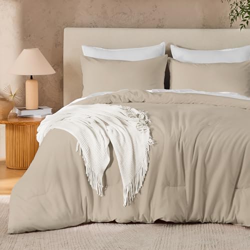 Andency Oatmeal Comforter Set California King Fluffy Bedding 3 Pieces - Cal King Size Soft Lightweight Comforters & Sets, Fluffy Bed Set for All Season, Boho Beddings for Adults Down Alternative