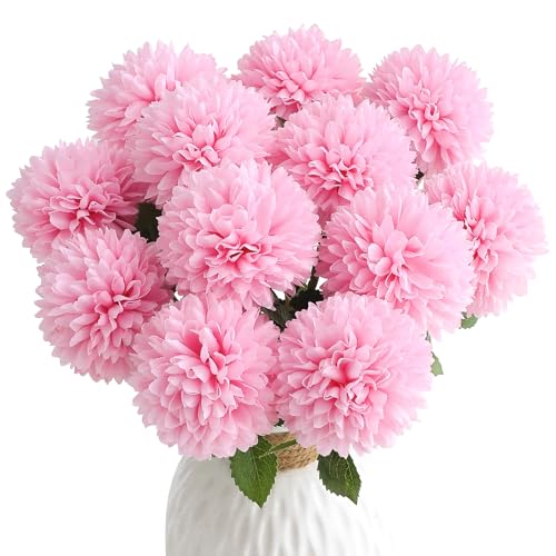 Floroom 12pcs Pink Faux Silk Mums Artificial Flowers Bulk Fake Chrysanthemums with Stems for DIY Wedding Bouquets Table Centerpieces Floral Arrangements Fillers Home Decorations