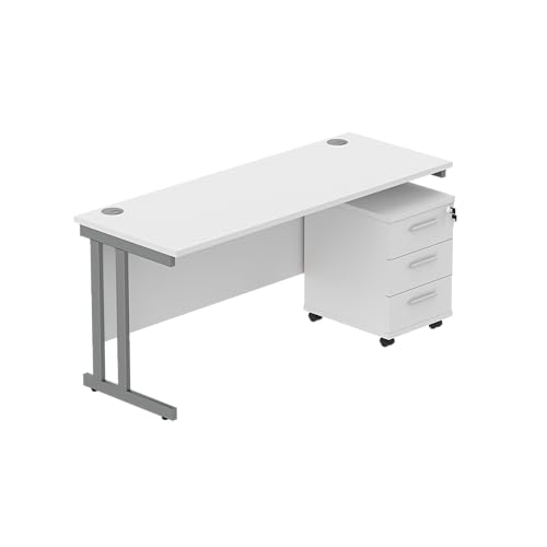 Office Hippo Heavy Duty Contract Grade Office Desk Workstation and Lockable 3-Drawer Pedestal Set, 120kg Weight Tolerance, 5-Year Warranty, FSC Certified, Arctic White, Graphite Legs, 1600 x 600mm