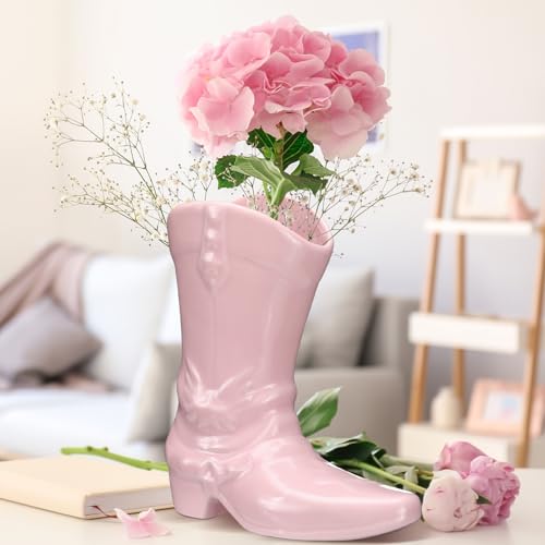 CroBlissful Cowgirl Boot Vase for Book Shelf Ceramic Cowboy Decoration Arrangements Nice Western Country Accent Vase Unique Boot Planter for Modern Aesthetic Room Wedding Decor (Pink,8.7 Inch)