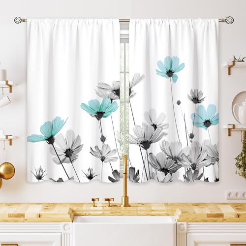 oolygoo Farmhouse Teal Grey Floral Kitchen Curtains Rustic Flower Window Treatment Wildflower Small Cafe Short Window Curtains for Bathroom Dining Room Farmhouse Leaf Treatment Drapes 27.5x39 inch