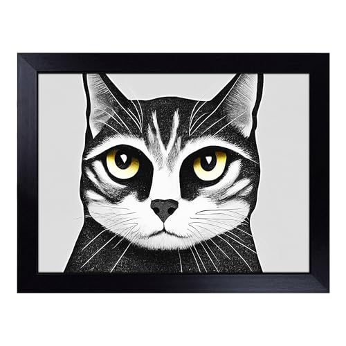 Lap Tray with Bean Bag Cushion, Cat Illustration Abstract - Handmade in the UK, Raised Wooden Edge, Padded Cushion, Heat-Resistant Wipe-Clean Surface, for Meals, Laptops and Crafts